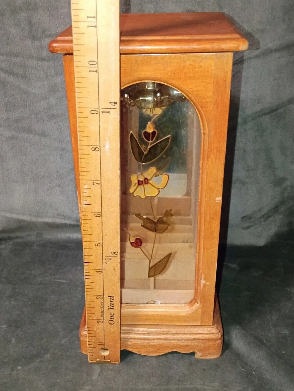 Vintage Wooden Jewelry Cabinet with Stained Glass Door 10.5x5.5 In